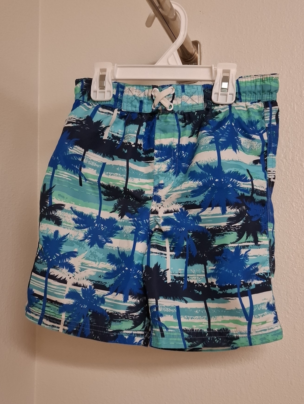 Kids Tropical Palm Print Swim Trunks - Blue & Green